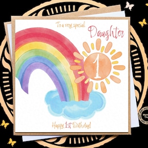 1e verjaardagskaart voor dochter, kleindochter, nichtje, zus, regenboogkaart, gelukkige verjaardag kinderen, cadeau meisje, 2e, 3e, gepersonaliseerde leeftijdskaart