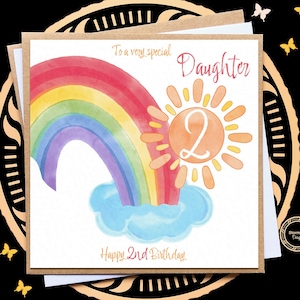 Cartão de 2º aniversário para menina, 3º, 4º, 5º, 6º, 7º, 8º aniversário, cartão de arco-íris personalizado para filha, feliz aniversário para crianças, presente para menina