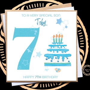 Cartão personalizado de 7º aniversário para filho, neto, afilhado, irmão, sobrinho, menino, cartão de feliz sétimo aniversário, cartão de 5º, 6º, 8º, 9º e 10º aniversário