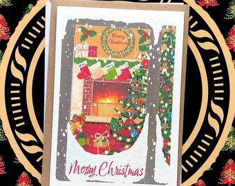 Handmade Christmas Cards Pack of 4 to 8 Cards: Family Fireplace Design, Eco Friendly