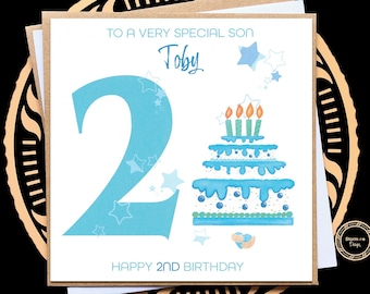 Tarjeta personalizada de segundo cumpleaños para niño, diseño de pastel azul
