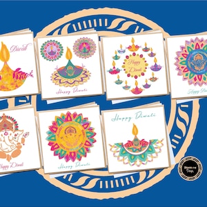 May include: A collection of seven square greeting cards featuring colorful illustrations of diyas and Ganesha, each with the text Happy Diwali. The designs include vibrant floral patterns, circular mandalas, and glowing oil lamps in various hues.