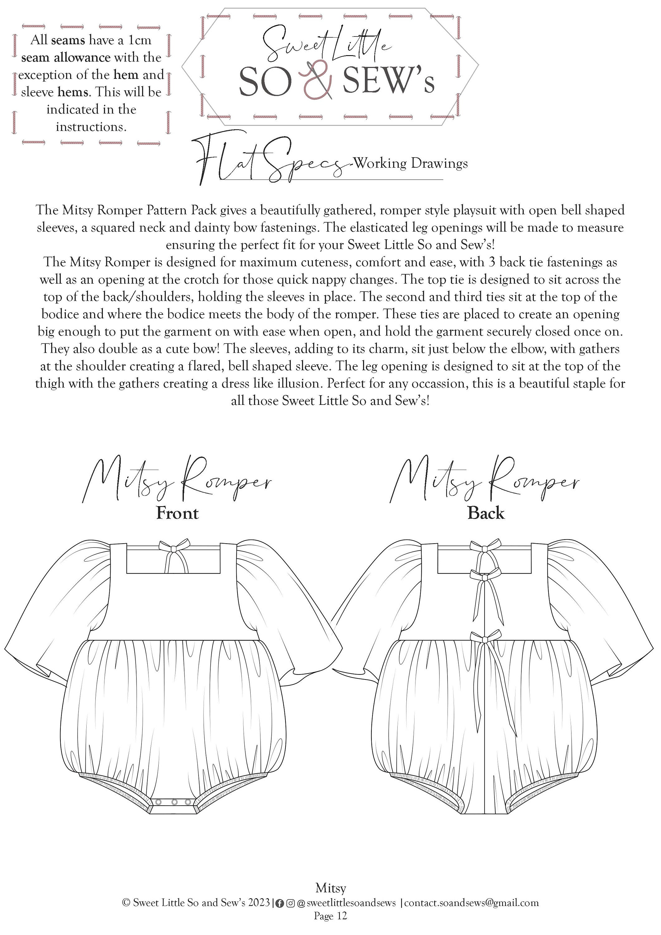 Romper & Bonnet PDF Sewing Pattern: Baby/kids Clothes, Sizes 3-6 