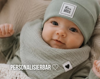 Personalisierte Babymütze mit Wunschtext + Musselintuch | Baby Beanie Feinripp oder Feinstrick | Set Baby Mütze mit Name und Tuch| Handmade