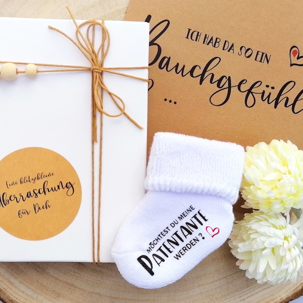 Geschenk Set "Patentante / Patenonkel" | Karte Box Schwangerschaft verkünden | Bekanntgabe ich bin schwanger | Socke personalisiert bedruckt