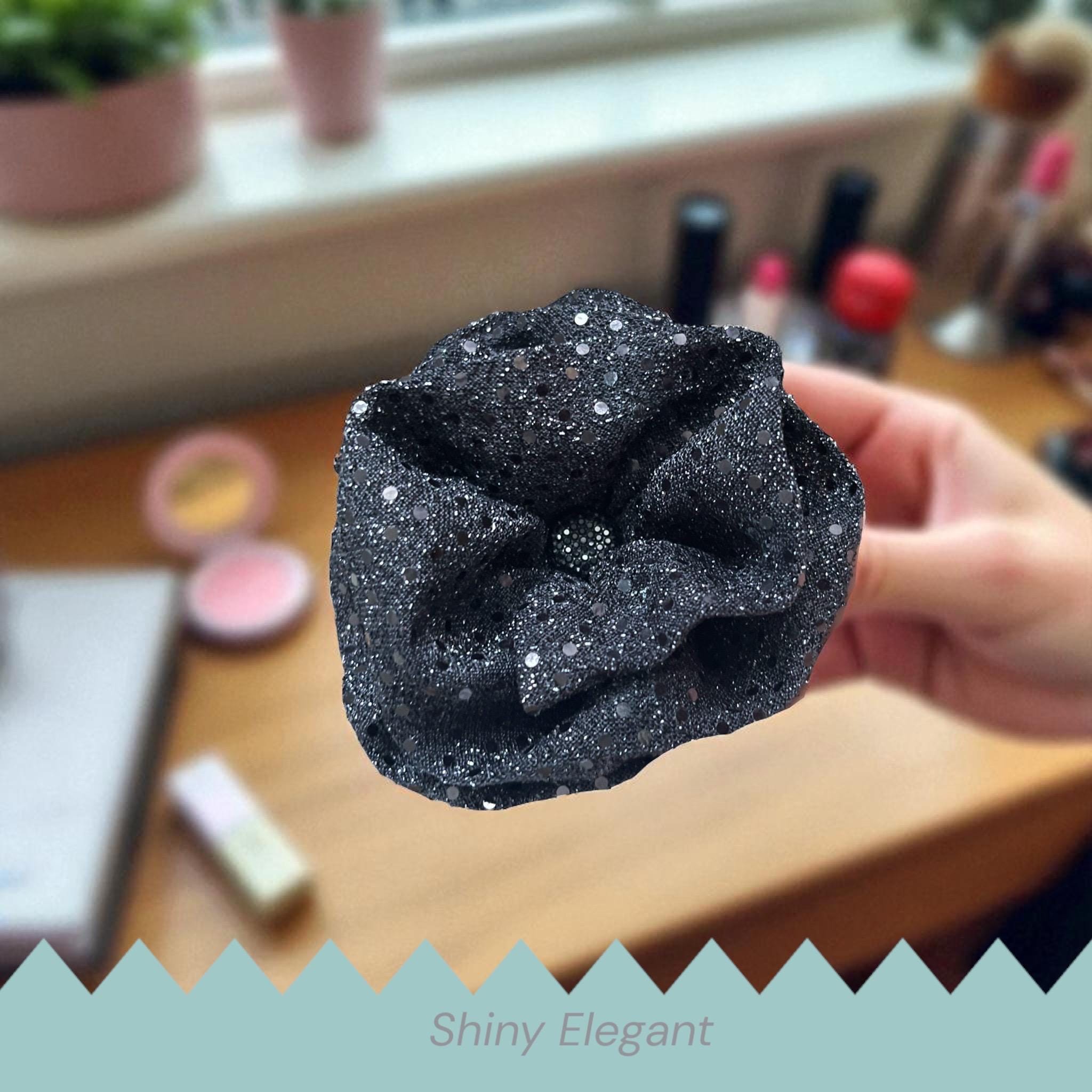 Black Scrunchie, Black Mesh, Silver Flower Detail and a 