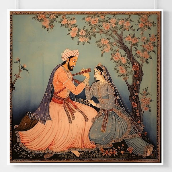 Indian Mughal art, prince and princess, indian art, wall art, vintage art, home decor, digital download