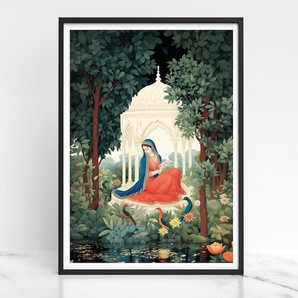 Indian miniature art Mughal art Royal princess illustration Indian artwork Vintage art Wall art Digital downlooad