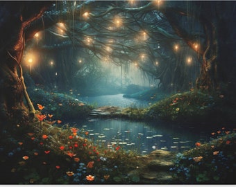 Stampa su tela con foresta magica, arte da parete fantasy, stampa su tela con paesaggio della foresta incantata, pronta da appendere