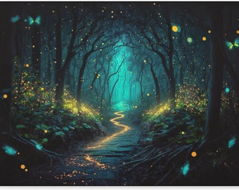 Fireflies light up a mystical forest at night, framed canvas art, framed print