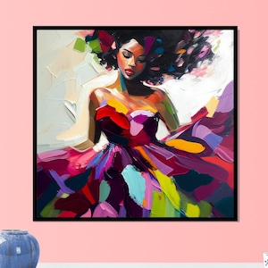 Abstract Framed Canvas of Black Woman in Dress Artwork  Framed Canvas for Home Decor African American Wall Art - Swirling Elegance