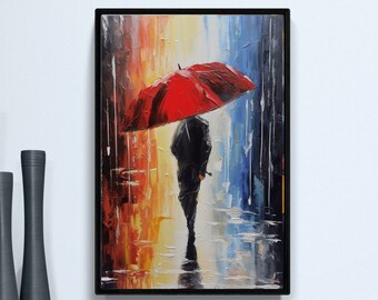 Umbrella Journey: Rainy Day Walk Towards Light Art Print Home Decor Poster Abstract Oil Painting Artwork in the Rain with Umbrellas