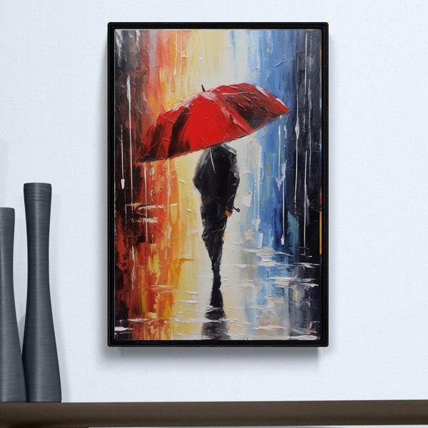 Umbrella Journey: Rainy Day Walk Towards Light Art Print Home Decor Poster Abstract Oil Painting Artwork in the Rain with Umbrellas