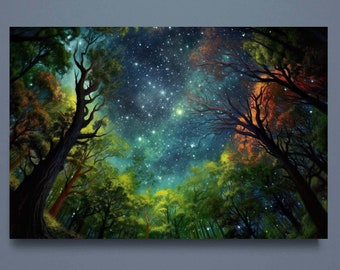 Trees in the Starry Night Wall Art Night Sky Landscape Night View Canvas Forest Landscape Decor Living Room Wall Art