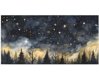 Magical Night Sky Enchanting Forest Starry Night Landscape Forest Landscape Moonlight Dream Golden Clouds Galaxy Universe Nature Canvas