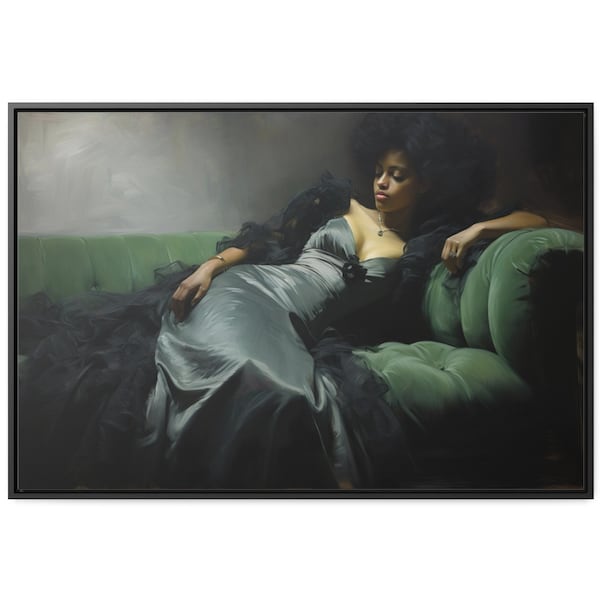 Beautiful Black Woman Art Portrait on a Couch Canvas Modern Interpretation Inspired by Casas' "Decadent Young Woman. After the Dance 1899"