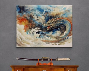 Impressionante arte de dragão asiático, arte em tela de dragão chinês, impressão de arte em rolo de dragão para decoração de casa, dragão em estilo japonês