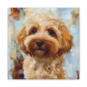 Könnte beinhalten: Quadratischer Leinwanddruck mit einem Ölgemälde eines Hundes. Der Hund hat hellbraunes Fell, eine dunkelbraune Nase und dunkle Augen. Der Hintergrund hat Pinselstriche in Blau, Orange und Weiß.