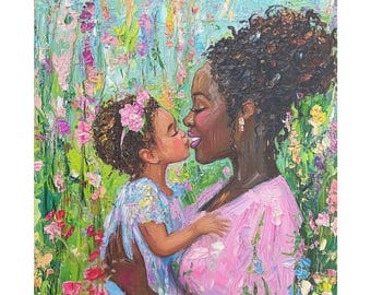 May include: A painting depicting a mother and daughter in a field of flowers. The mother is wearing a pink dress and the daughter is wearing a blue dress. They are both smiling and looking at each other.