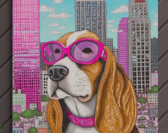 Blinged Beagle Art Canvas Hond Pop Art Beagle Hond Schilderij High Fashion Hond Kunst voor Woonkamer Hond met Shades Art