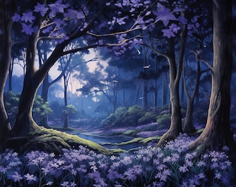 Mystical Forest Art Enchanted Forest Canvas Print Magical Purple Forest Print for Home Decor Ready to Hang Canvas or Framed Print