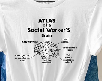 May include: White t-shirt with a black graphic of a brain labeled "Atlas of a Social Worker's Brain". The brain is divided into sections with humorous captions like "I need coffee", "I could write a book", "This wasn't covered in school", "I don't get paid enough for this #%^}", and "Just when I think I've heard it all..."