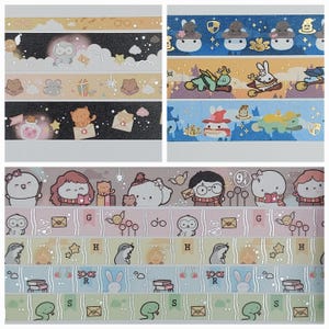 May include: A set of colourful washi tapes featuring various illustrations, including owls, cats, and other whimsical characters. The tapes are decorated with glitter and have a variety of patterns, including stripes, polka dots, and floral designs. The tapes are labelled with the number "9 3/4" and the words "G, H, R, S".