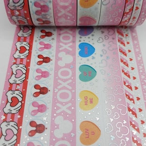 Échantillons de ruban adhésif washi, autocollants sans espace, ruban adhésif washi, vendus par 0,5 m de long, washi coeurs, washi Saint-Valentin, washi ballon, washi souris
