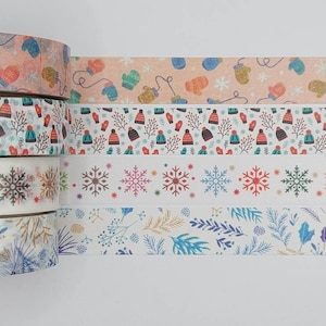 Washi tape samples, sold by the metre, winter washi, mittens washi, toque washi, snowflake washi, Christmas washi, winter bough