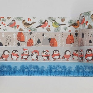 Échantillons de ruban adhésif washi, vendus au mètre, washi d'hiver, washi de Noël, washi oiseau chanteur, washi pingouin, washi chalet, washi forêt