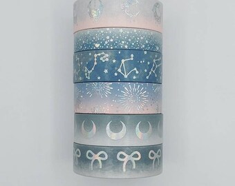 Simply Gilded, washi tape samples, sold by 0.5 m lengths, Moon Drops washi, Moon washi, galaxy washi, fireworks washi, space washi
