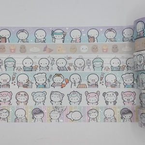 May include: A set of six washi tapes featuring cute cartoon characters with different expressions and outfits. The tapes have a white background with a glittery finish. The characters are wearing various costumes, including doctor, chef, and animal onesies.