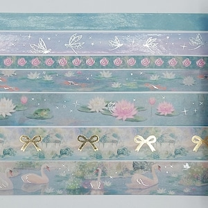 Simply Gilded, échantillons de ruban adhésif washi, intervalles de 0,5 m, bassin aux nénuphars, nénuphar, washi rose, washi floral, washi cygne blanc