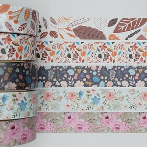Washi tape samples, sold by the metre, 15 mm wide, fall, autumn, plant leaves, floral washi, flowers, vacation, roses, pumpkin, washi image 1