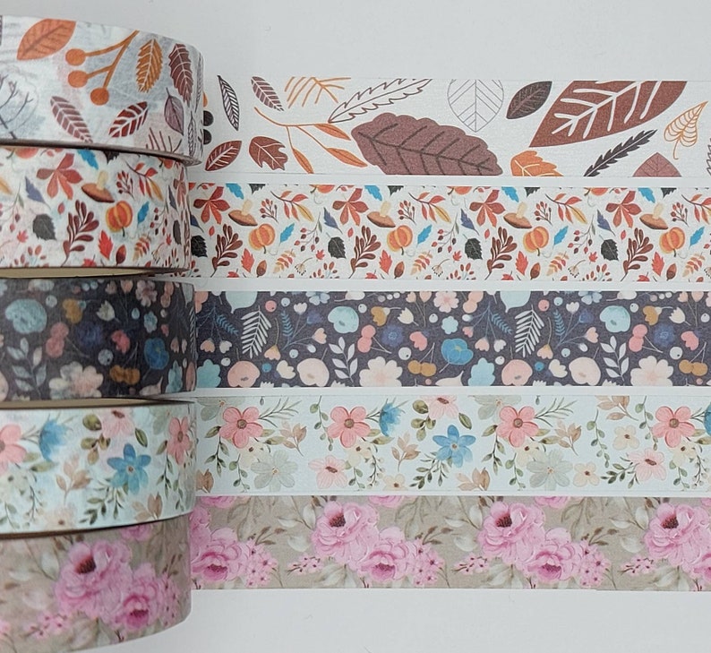 Washi tape samples, sold by the metre, 15 mm wide, fall, autumn, plant leaves, floral washi, flowers, vacation, roses, pumpkin, washi image 1
