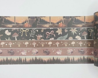 Washi tape samples, Simply Gilded, 0.5m length intervals, Cozy Chronicles, fall washi, fungi washi, reading washi, winter washi, tea washi