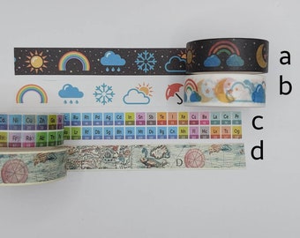 Washi tape samples, 15 mm wide, sold by the metre, weather washi, rainbow washi, periodic table washi, science washi, map washi