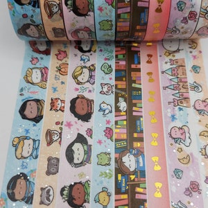 Chaque minute, une histoire, échantillons de ruban washi, vendus par longueur de 0,5 m, Rêves peints en washi, princesse, livres, bibliothèque, noeuds, dragon, château