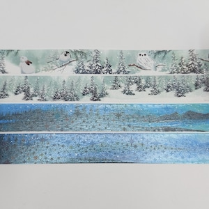 May include: Three rolls of washi tape with wintery designs. The top roll features a snowy forest with a rabbit, a bird, and an owl. The middle roll has a blue and green forest scene with a snowy background. The bottom roll is a blue and silver glitter design.