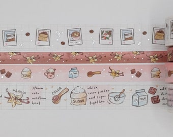 Subtle Dreams, washi tape samples, sold by 0.5 m lengths, baking washi, recipe washi, coffee lover, vanilla bean, ingredients washi