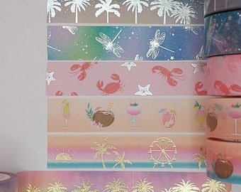 Simply Gilded, washi tape samples, sold by 0.5m lengths, island washi, palm trees, vacation, tropical, lobster, crab, dragonfly, summer