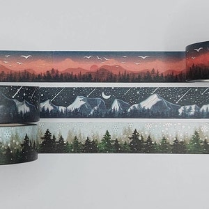 Washi tape samples, 15mm wide, sold by the metre, Mountain washi, sunset washi, nightsky washi,  winter washi, snowflake washi, forest washi