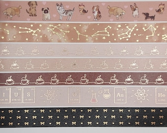 Simply Gilded, washi tape samples, sold in 0.5m length intervals, dog washi, constellation washi, coffee washi, chemistry washi, bow washi