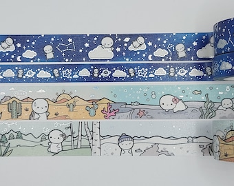 Washi tape samples, sold by 0.5 m lengths, The Coffee Monsterz Co, TCMC, kawaii washi, biome washi, galaxy washi, space washi, seasons washi