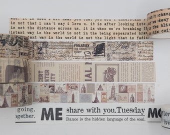 Washi tape samples, 15 mm wide, sold by the metre, vintage style washi, newspaper washi, faux stamp, junk journal