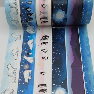 Rêves subtils, échantillons de ruban adhésif washi, vendus par longueur de 0,5 m, washi ours polaire, washi pingouin, washi arctique, washi ciel nocturne, washi hiver