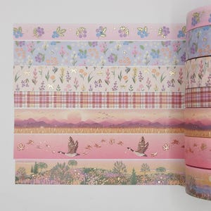 Peut inclure: Un ensemble de huit rubans washi décoratifs présentant divers motifs floraux, géométriques et inspirés de la nature. Les rubans sont roses, bleus et beiges avec des accents dorés.