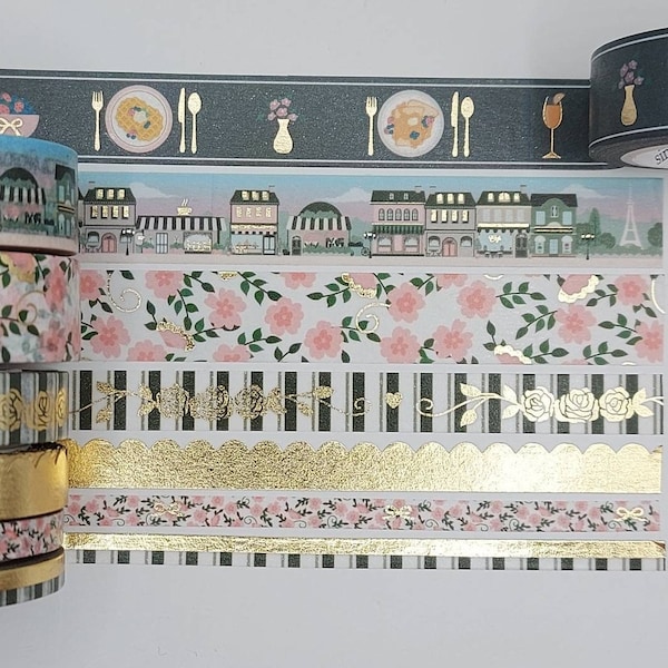 Simply Gilded, washi, SG, washi tape samples, sold by 0.5 m length, Paris, French brunch,  French Cafe, striped, scalloped, floral, flowers