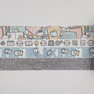 May include: A selection of washi tapes with science and school-themed designs. The tapes feature illustrations of formulas, notes, and cute characters. The color scheme includes light blue, grey, and pastel tones, perfect for stationery projects.