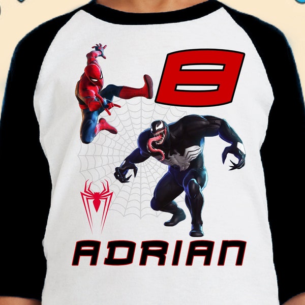 Spiderman and Venom Birthday Shirt - Family Personalized Raglan with Name & Age - 3/4, short and long sleeve - Unisex spiderman theme shirt